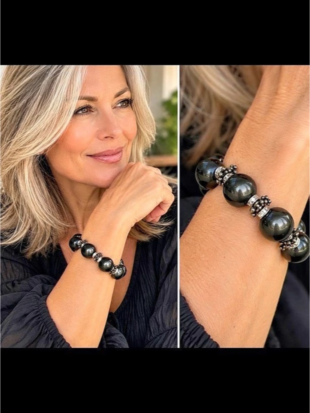 ROCKI GORMAN signed heavy black Onyx & silver statement bracelet